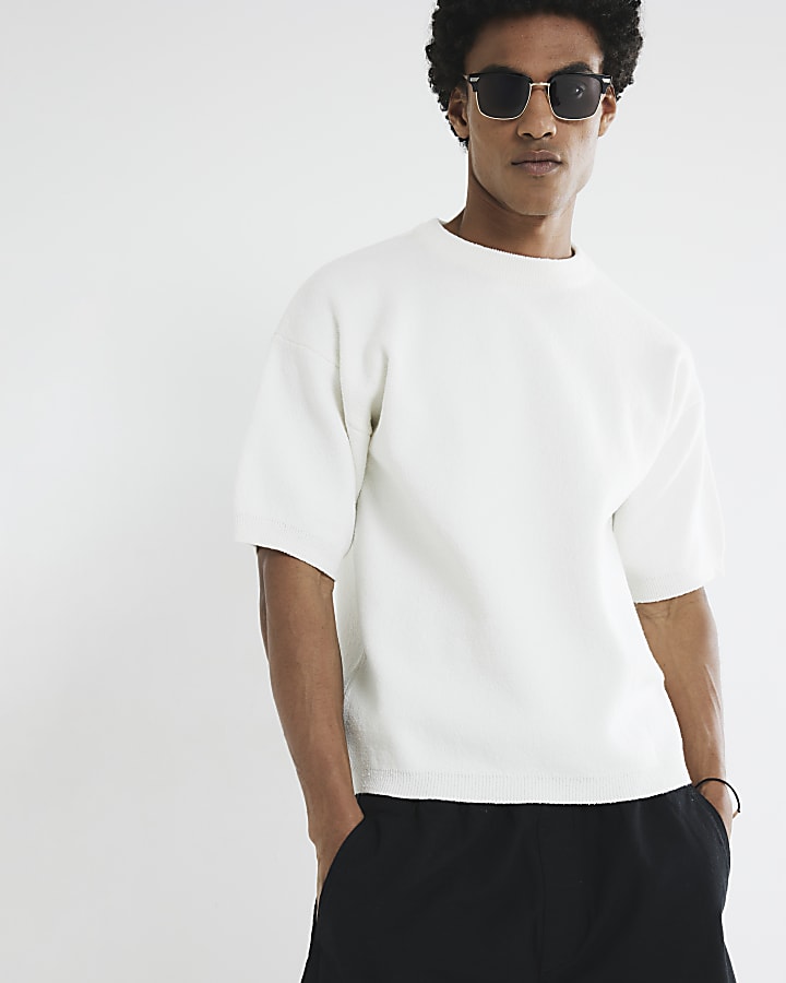 Cream Short Sleeve Boucle Knitted T-Shirt