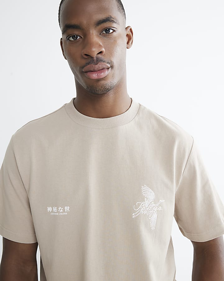 Beige Short Sleeve Regular Fit Crane T-shirt