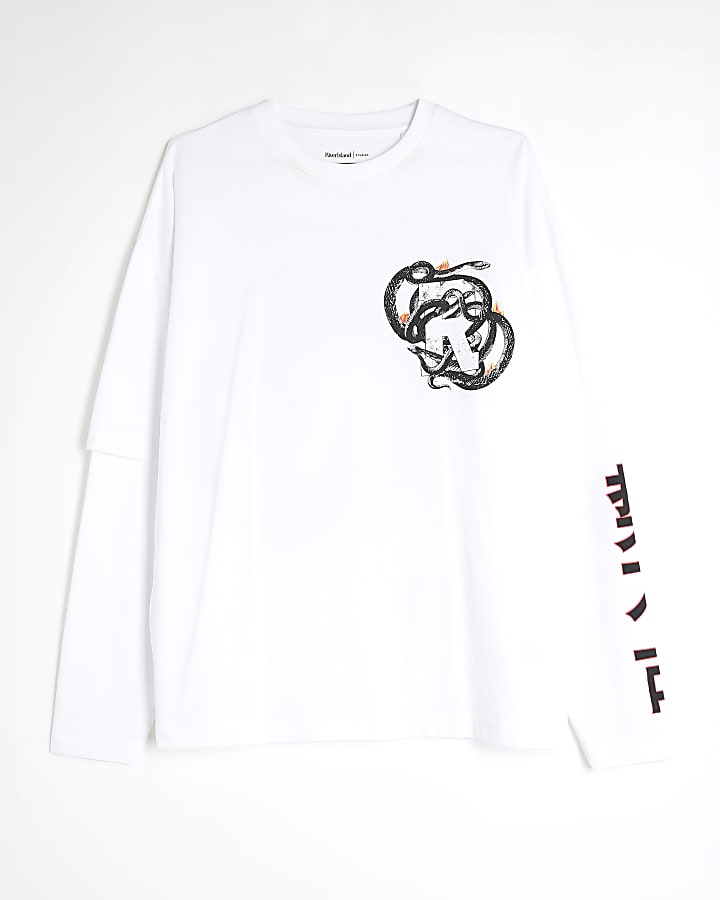 White Long Sleeve Double Layer Snake T-Shirt