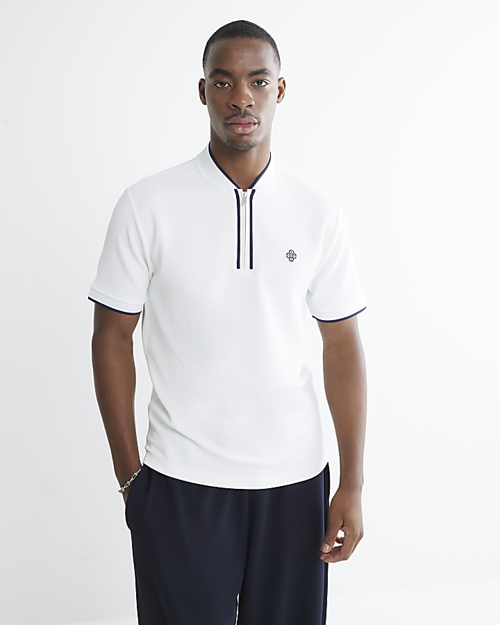 White Slim Fit Tipped Zip Baseball Shirt