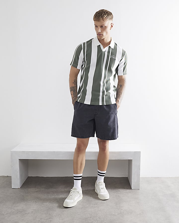 Khaki Open Neck Stripe Polo Shirt