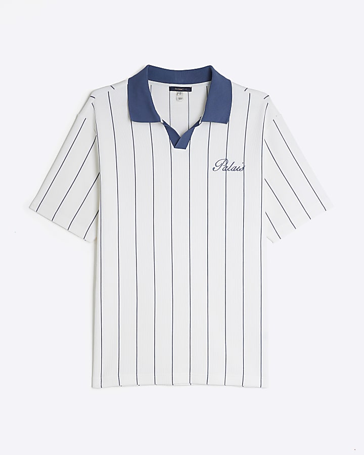 Blue Open Neck Pinstripe Polo Shirt