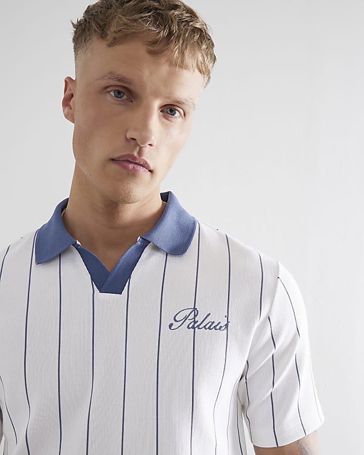 Blue Open Neck Pinstripe Polo Shirt