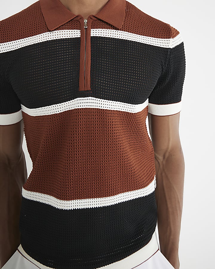 Brown Colour Blocked Polo Shirt