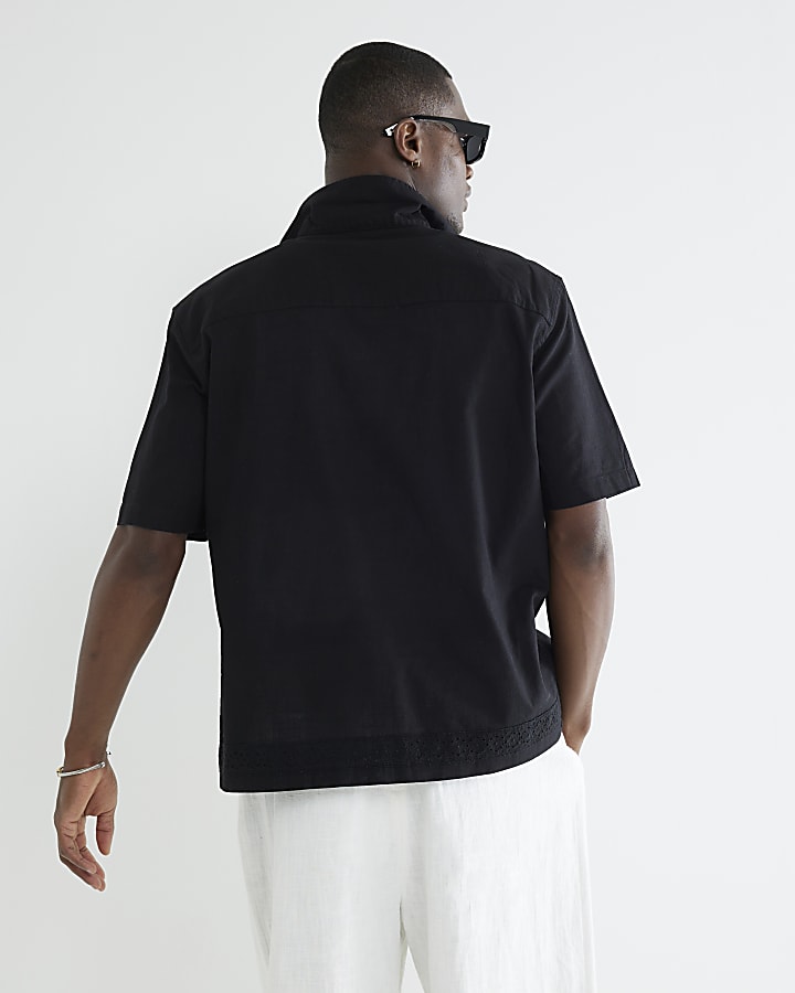 Black Short Sleeve Crochet Taped Shirt