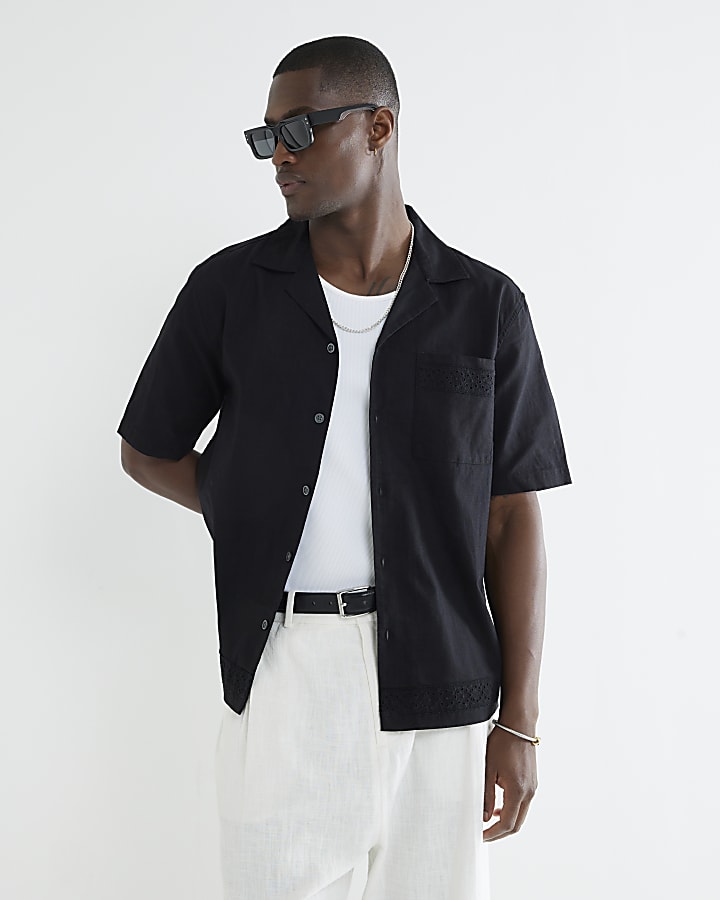 Black Short Sleeve Crochet Taped Shirt