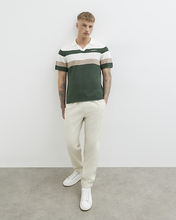 Green Slim Knitted Stripe Polo Shirt