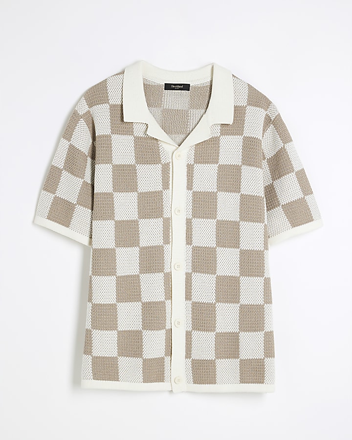 Stone Knitted Check Shirt