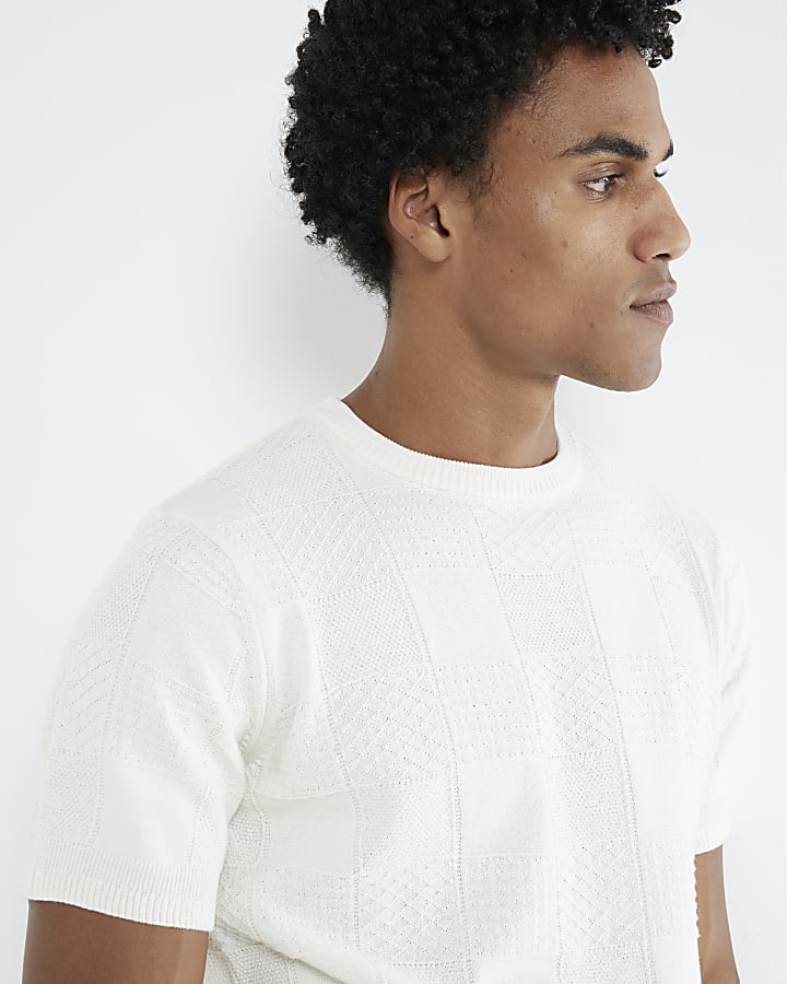 White Slim Fit Knitted Patchwork T-Shirt