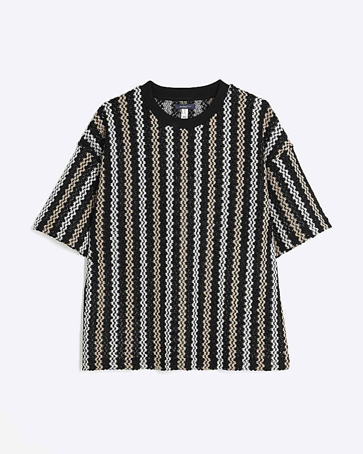 Black Short Sleeve Crochet Striped T-Shirt