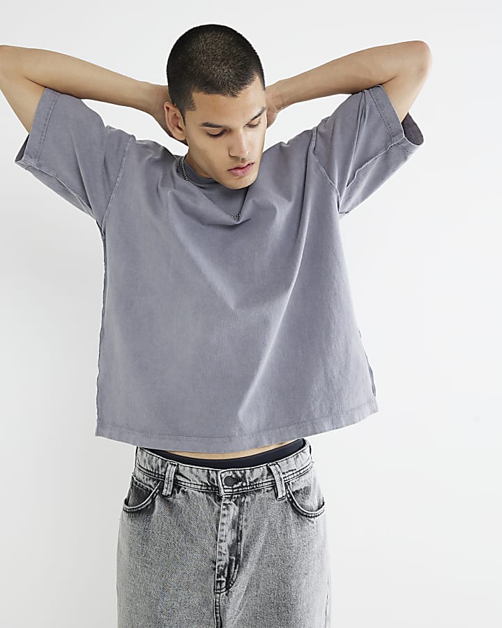 Grey Boxy Fit Washed Reverse Seam T-Shirt