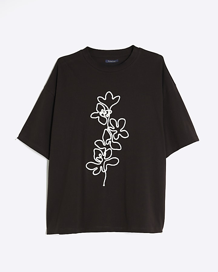 Brown Floral Embroidered T-Shirt