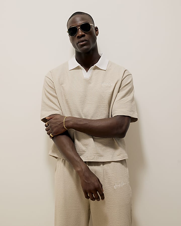 Beige Boxy Fit Textured Open Neck Polo Shirt