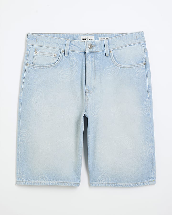 Blue Regular Fit Denim Paisley Shorts