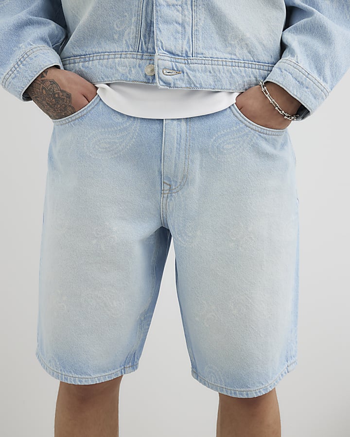 Blue Regular Fit Denim Paisley Shorts