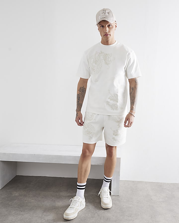 Ecru Regular Fit Dragon Embroidered T-Shirt