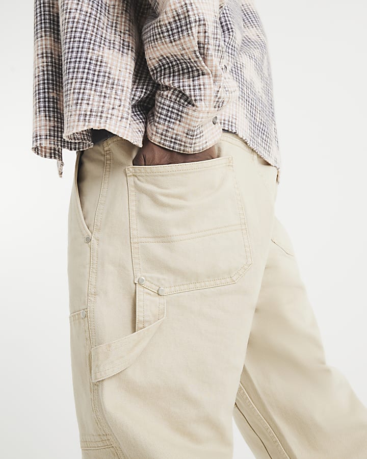 Beige Straight Leg Carpenter Jeans