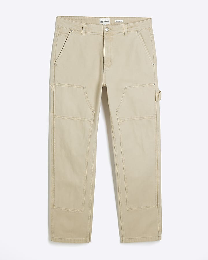 Beige Straight Leg Carpenter Jeans