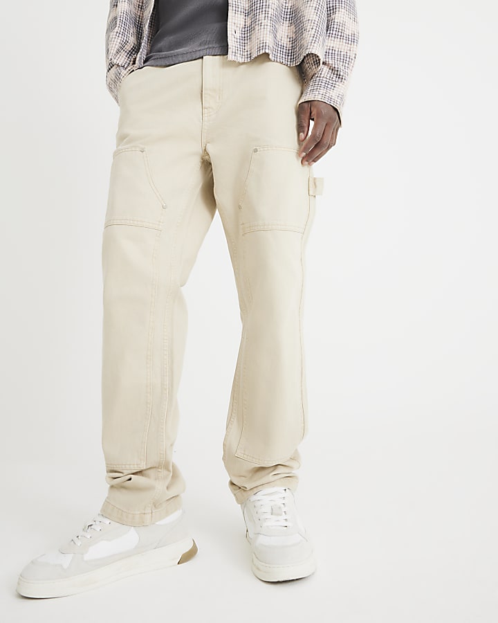 Beige Straight Leg Carpenter Jeans
