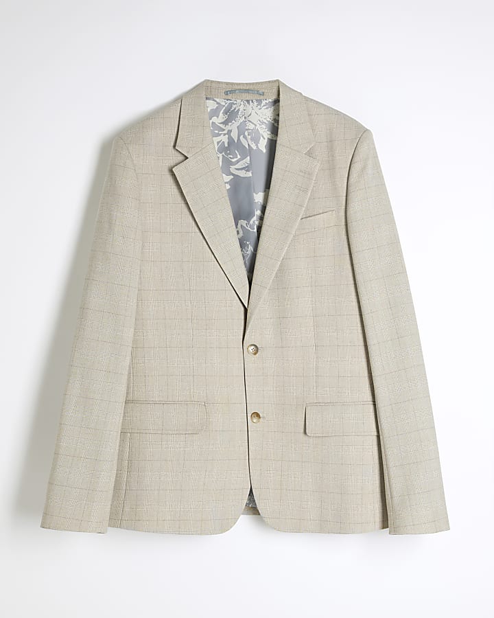 Beige Check Slim Suit Jacket