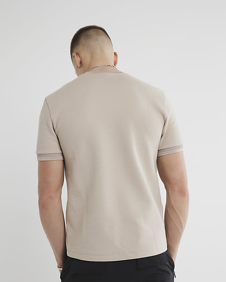 Beige Slim Fit Quilted RI Badge T-Shirt