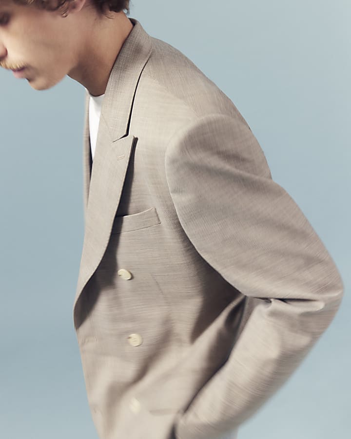 Beige Slim Fit Sharkskin Suit Jacket