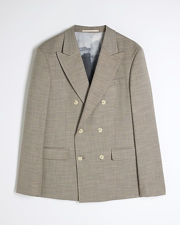 Beige Slim Fit Sharkskin Suit Jacket