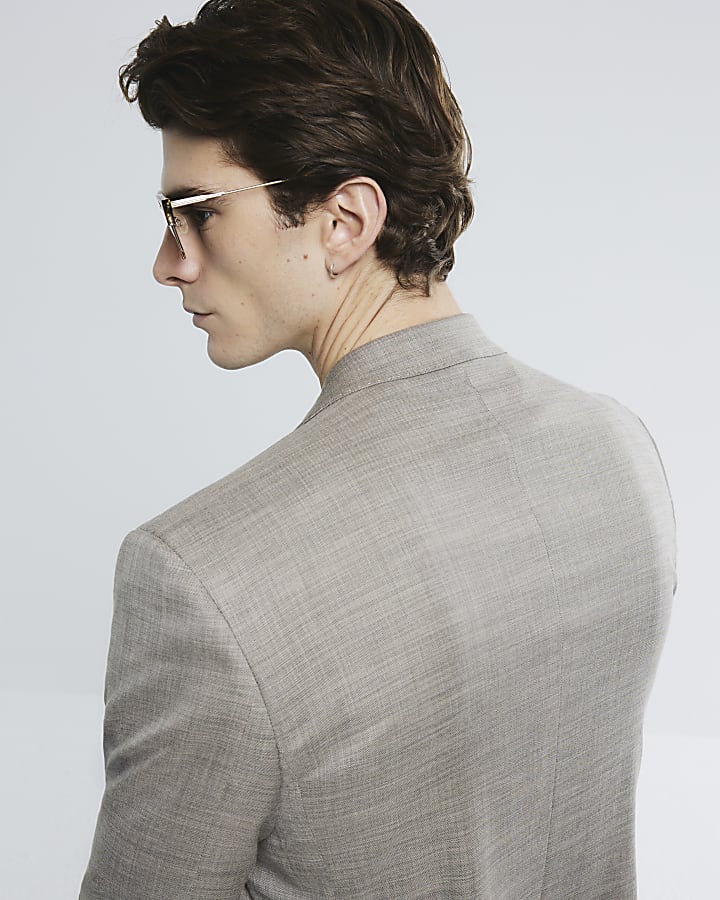 Beige Slim Fit Sharkskin Suit Jacket
