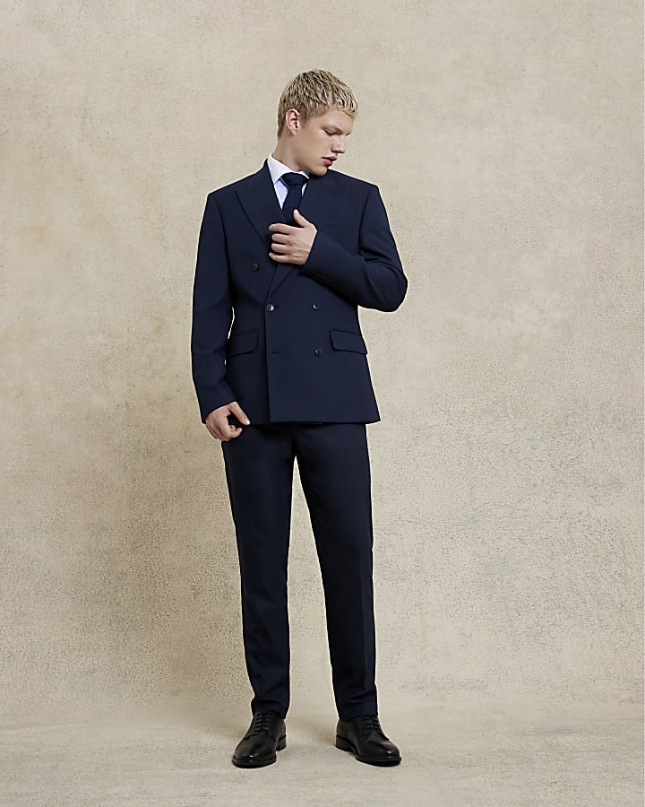 Navy Double Breasted Slim Fit Suit Jacket