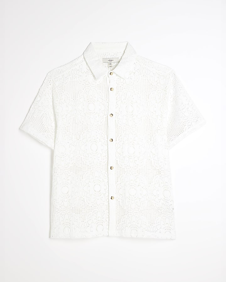 White Slim Fit Floral Crochet Shirt