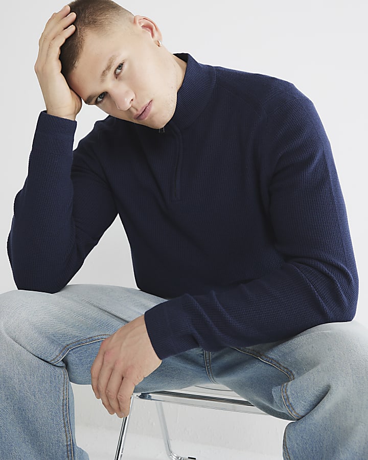 Navy slim fit waffle half zip jumper