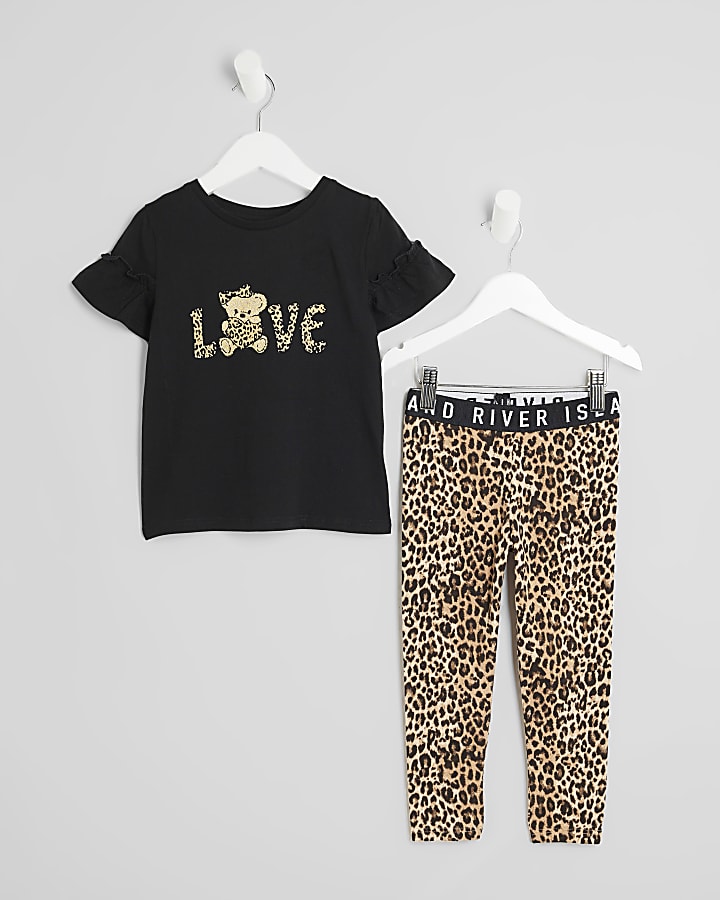 Mini Girls Black Love Leopard Leggings Set