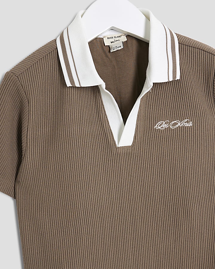 Mini Boys BrownTextured Polo Shirt Set
