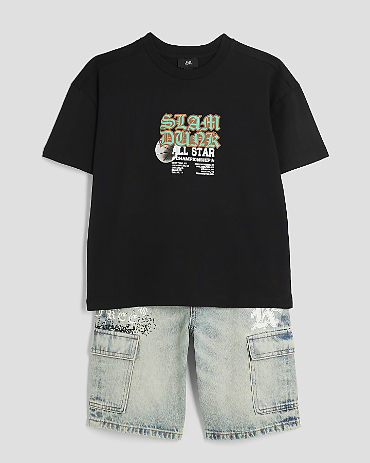 Boys Black Baller Denim Shorts Set