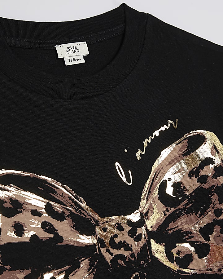 Girls Black Leopard Bow T-Shirt