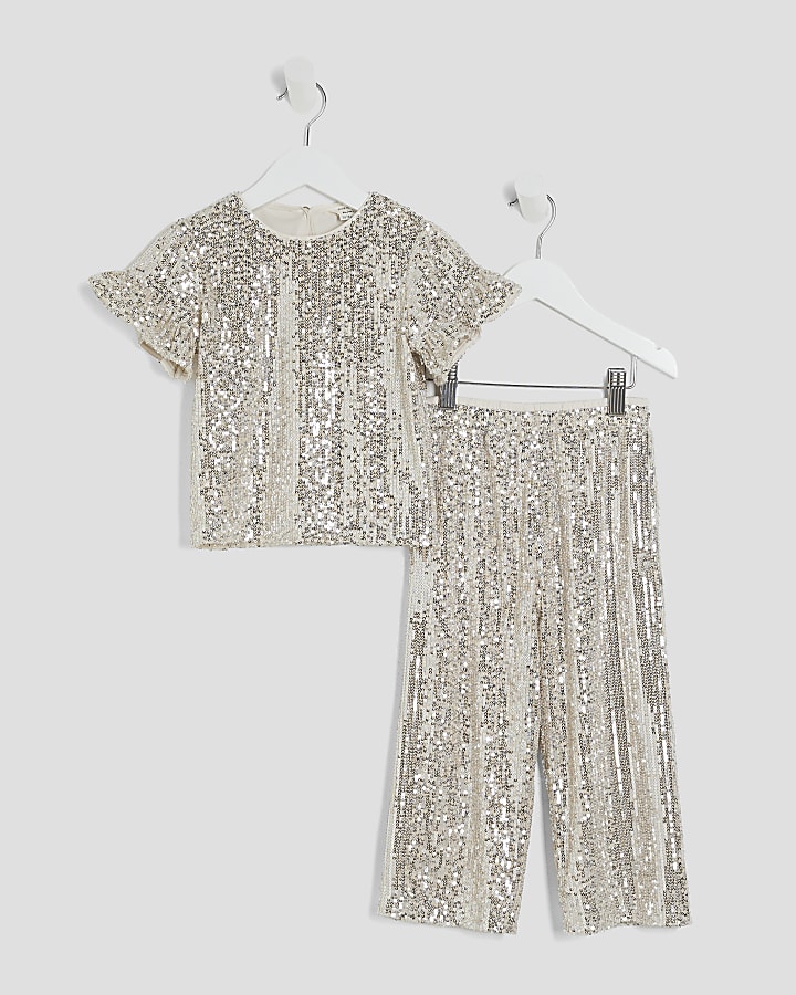 Mini Girls Silver Sequin Trousers Set