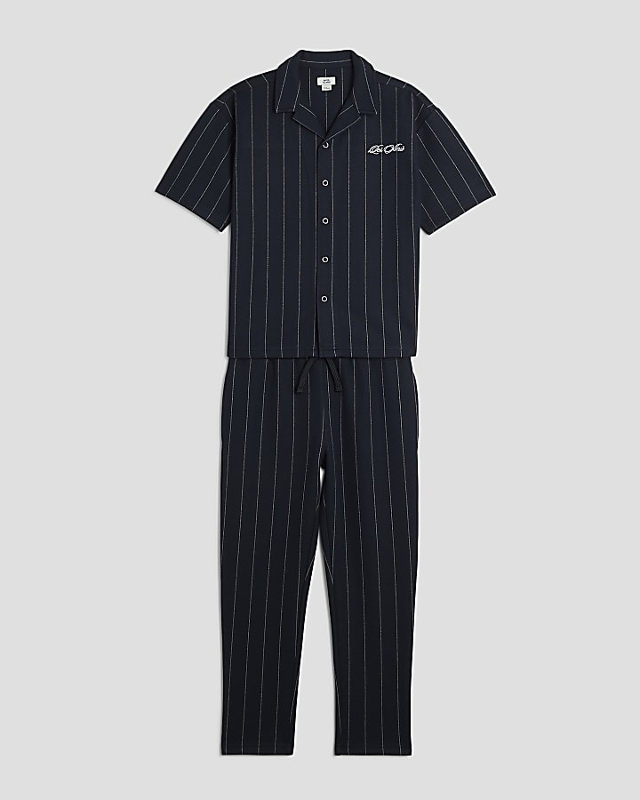 Boys Navy 2 Piece Pinstripe Shirt Set