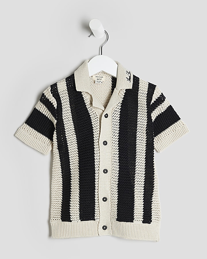 Mini Boys Black Stripe Crochet Polo Shirt