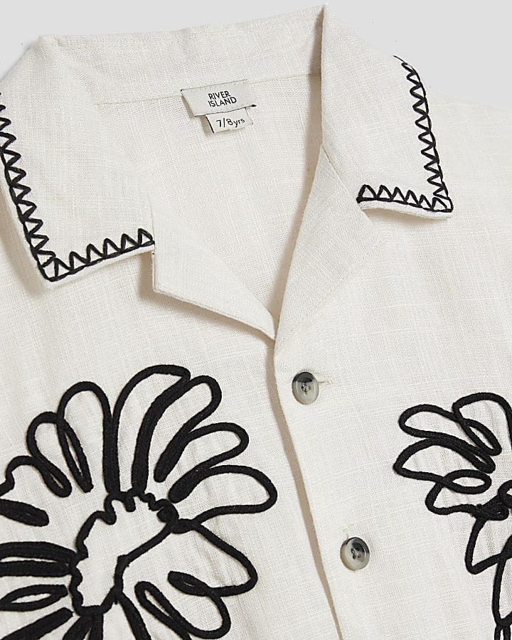 Boys Ecru Linen Blend Corded Flower Shirt