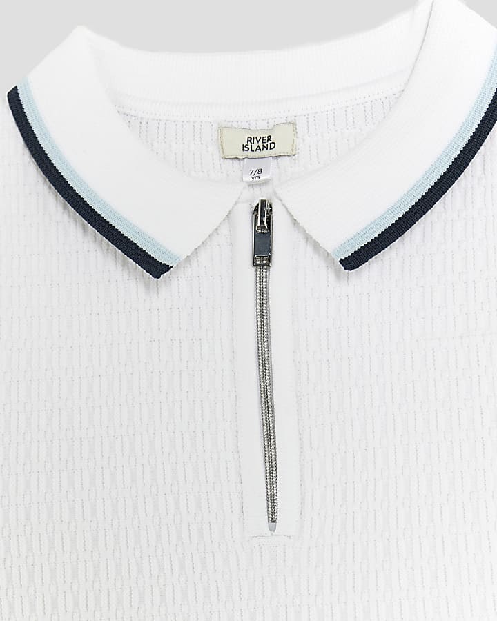 Boys White Zip Textured Polo Shirt