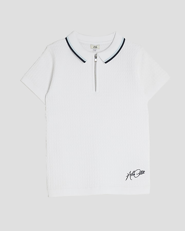 Boys White Zip Textured Polo Shirt