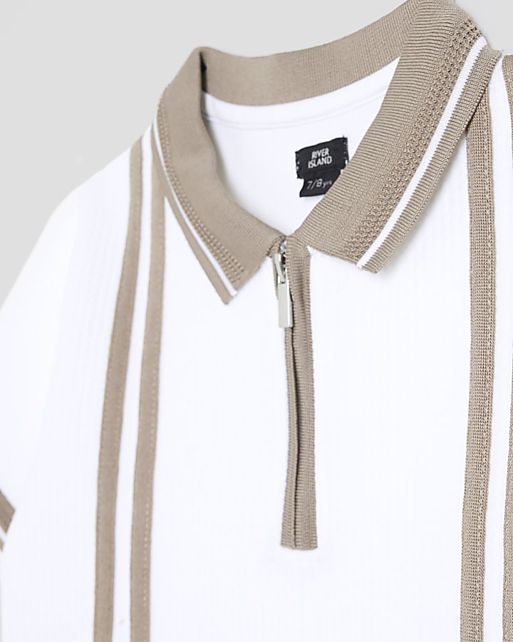 Boys White Textured Stripe Polo Set