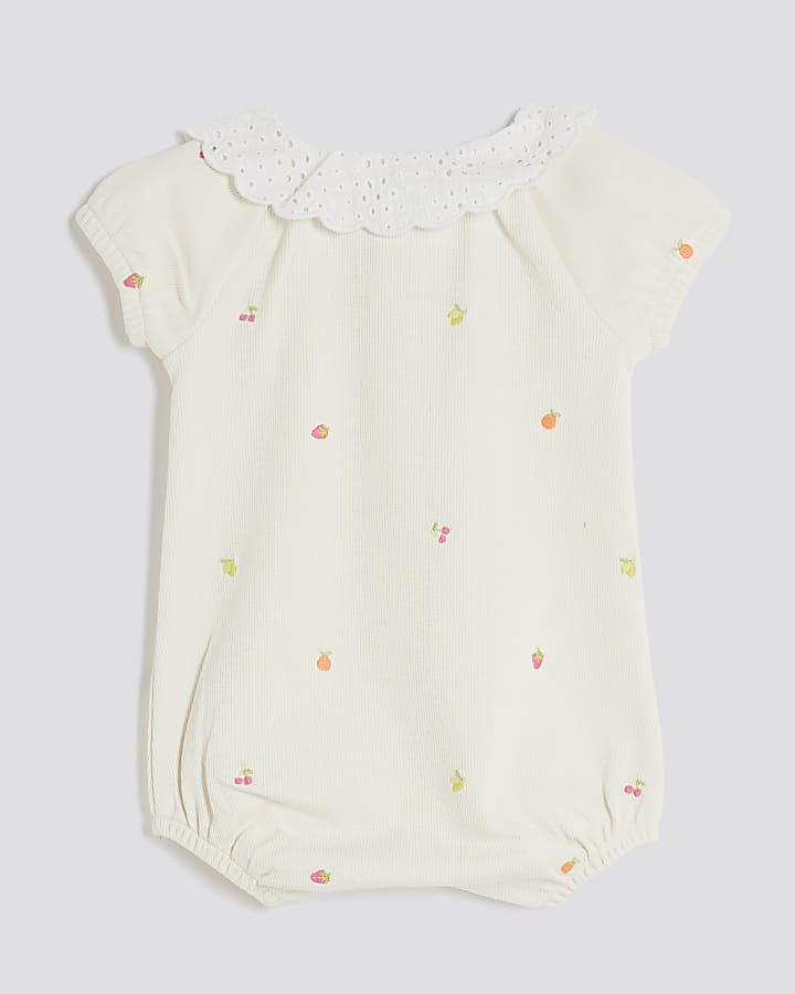 Baby Girls Beige Collared Strawberry Romper