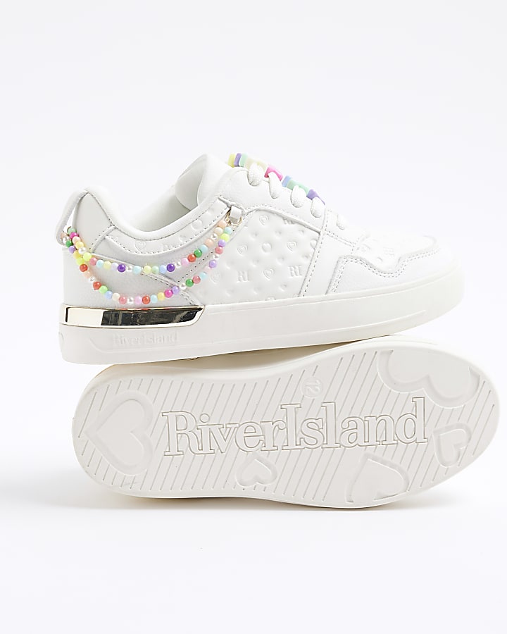 Girls White Beaded Trainers