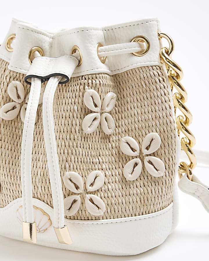 Girls Beige Raffia Shell Bucket Bag
