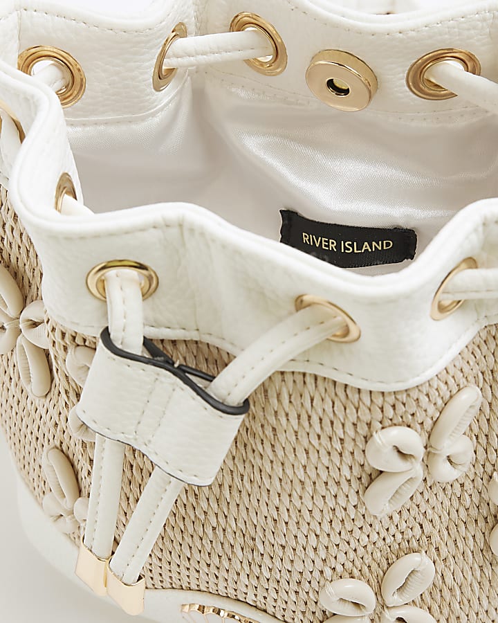 Girls Beige Raffia Shell Bucket Bag