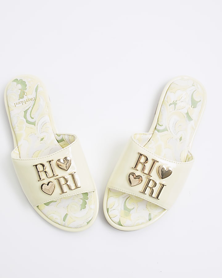 Girls Yellow Heart Trim Flat Floral Sandals