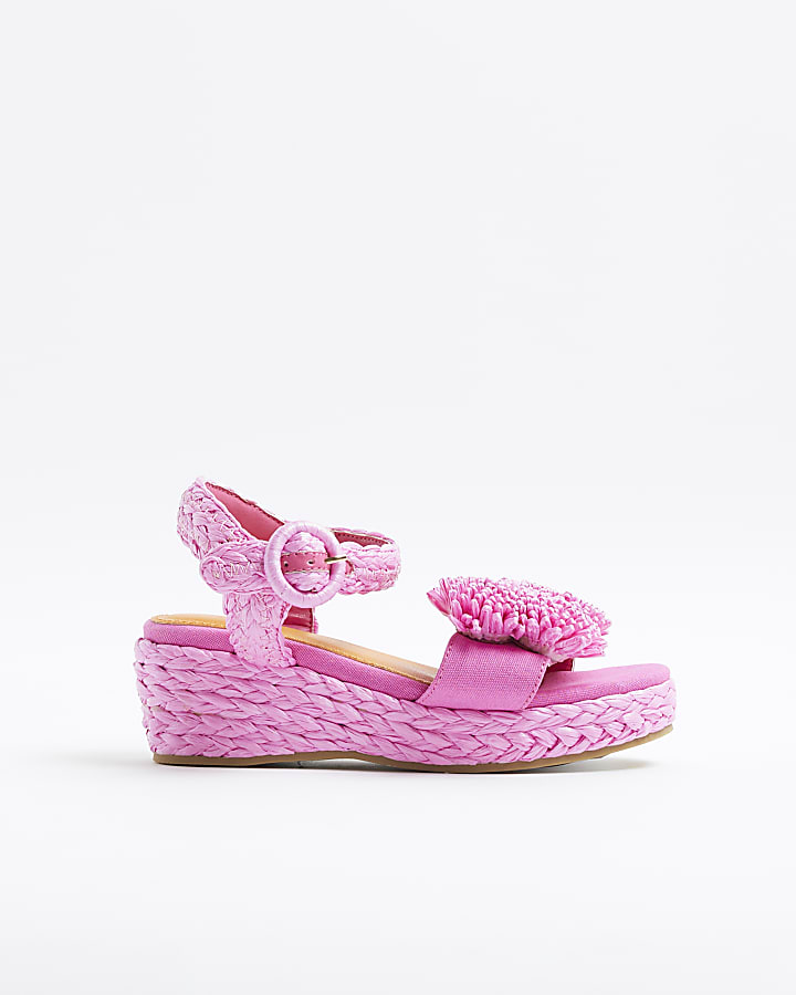 Girls Pink Raffia Wedge Sandals