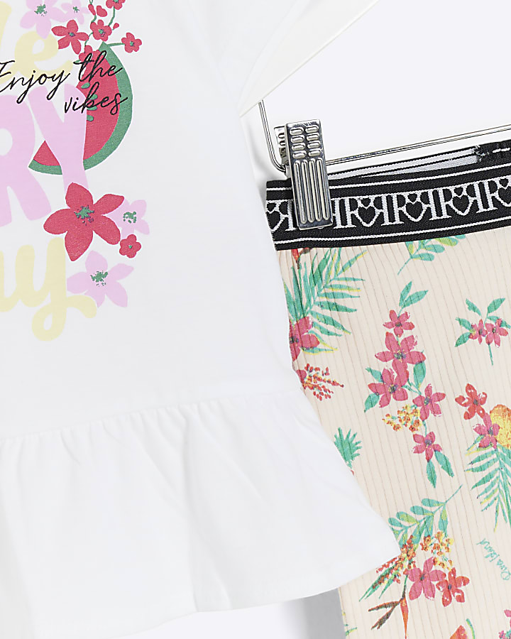 Mini girls white floral peplum t-shirt set