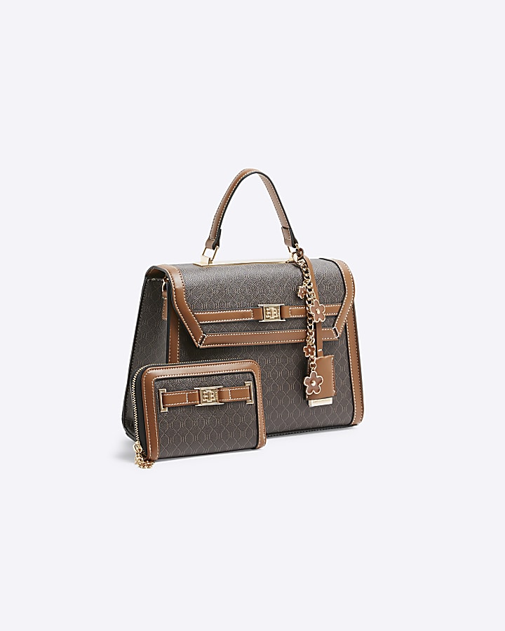Brown Cross Body Top Handle Bag and Purse Set